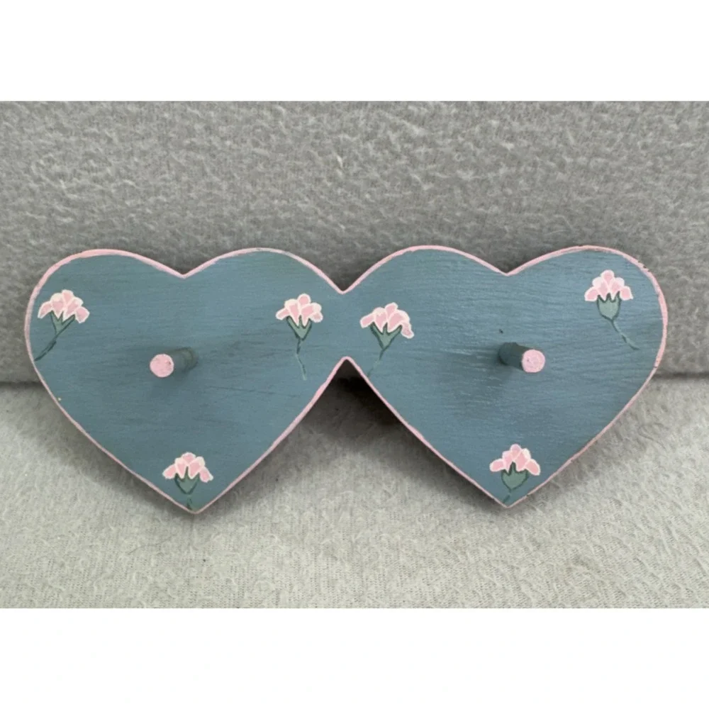 Handcrafted Wooden Heart Jewelry Key Holder Wall Hanger Blue Pink Decor Nursery